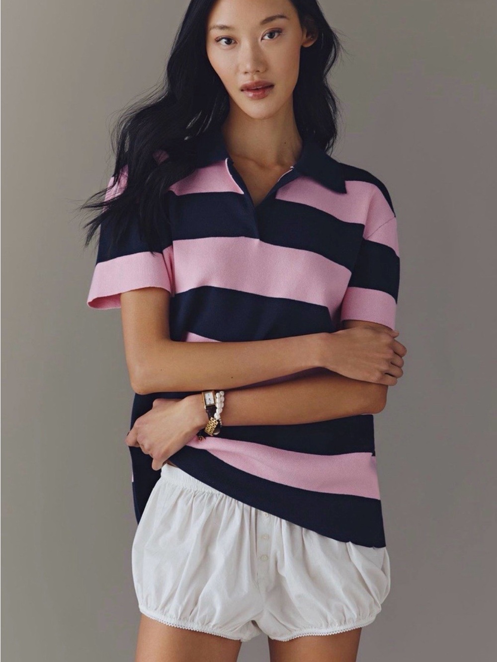 Maeve Striped Polo Knit Top in Pink and Navy